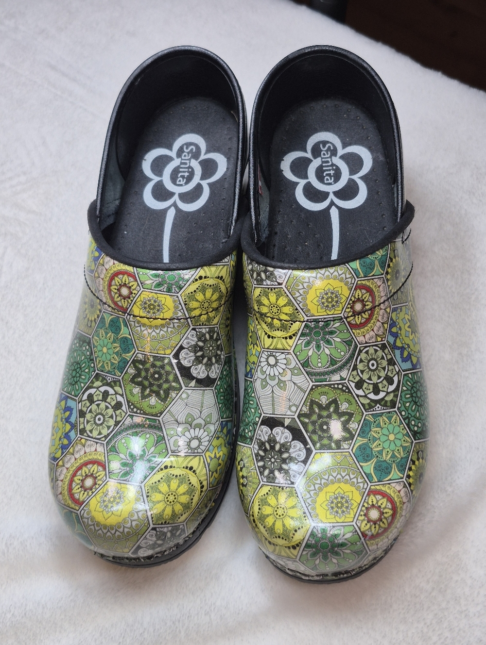 Sanita Hexagon Floral Clogs in Green, Yellow and Teal